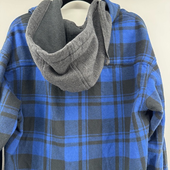 American Eagle Mens Flannel Shirt Hoodie Large Tall Plaid Shacket Removable Hood - Picture 7 of 11